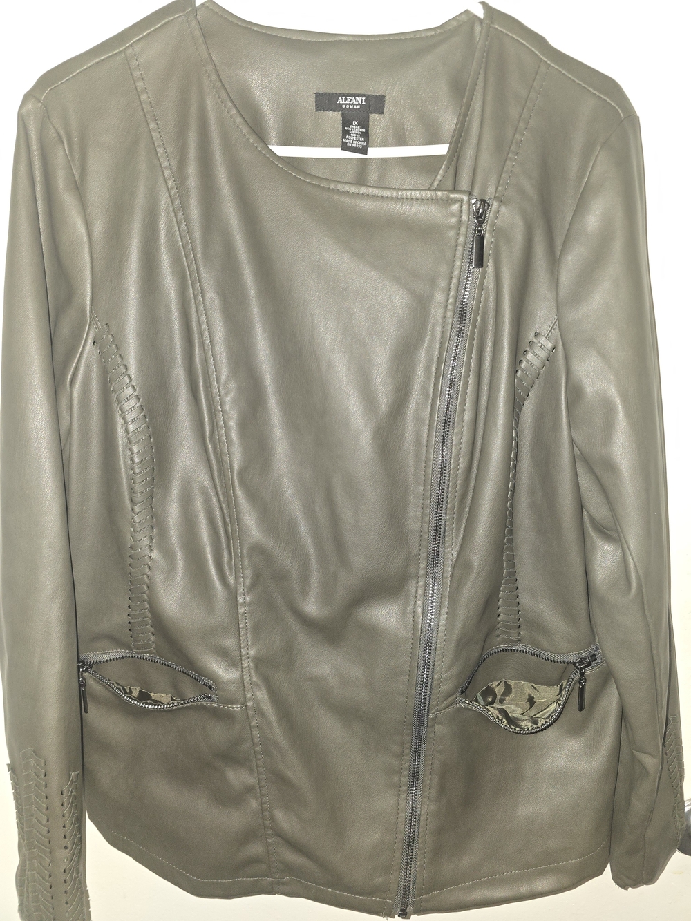 Alfani Olive Leather Asymmetrical Zip Jacket